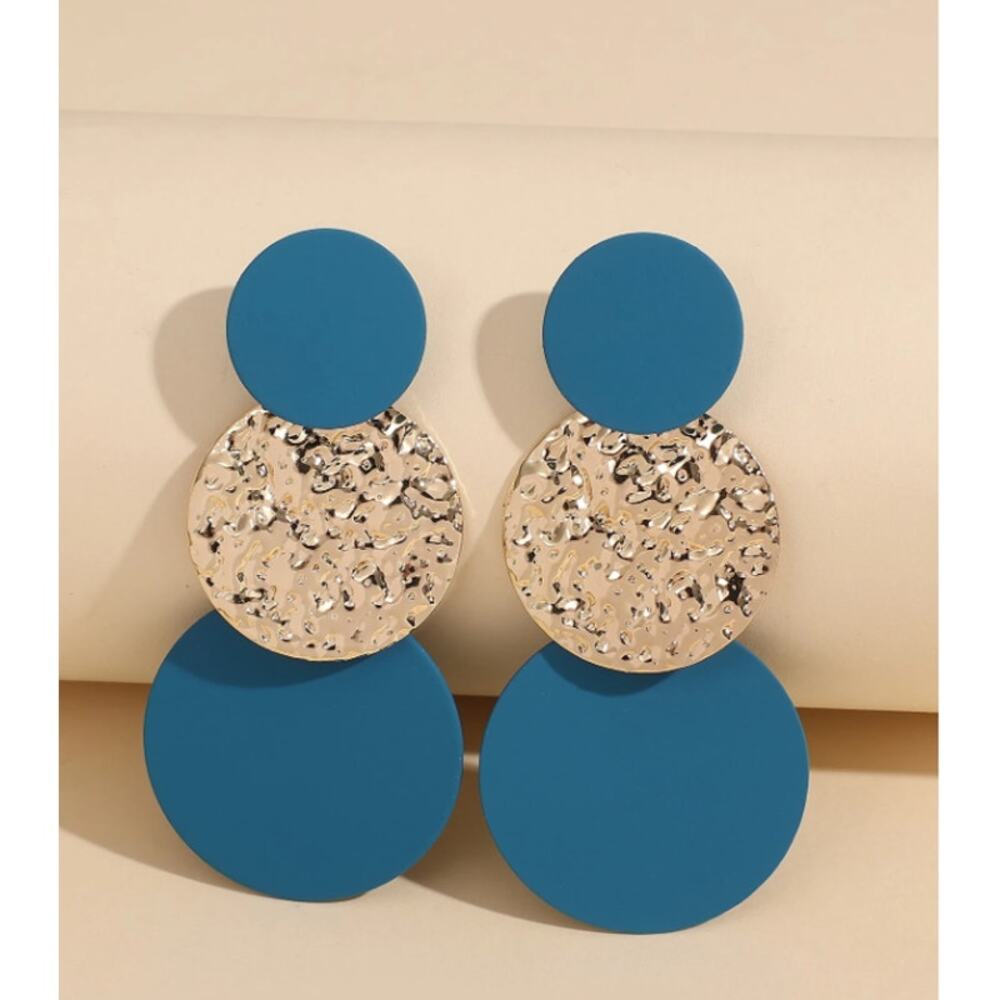 Blue & Gold Geometric Drop Earrings – Textured Statement Dangle